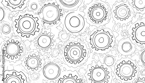  Intricate Industrial Gears Pattern in Monochrome Technical Sketch