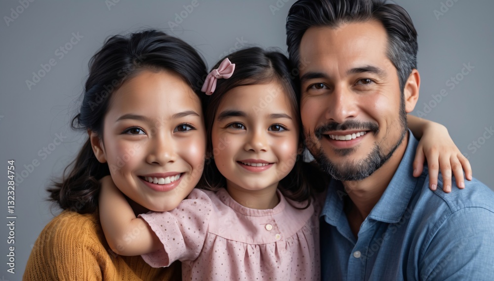 A joyful family portrait featuring an Asian father with two daughters, radiating warmth and happiness against a neutral background. A joyful family portrait featuring an Asian father with two daughters, radiating warmth and happiness against a neutral background.
