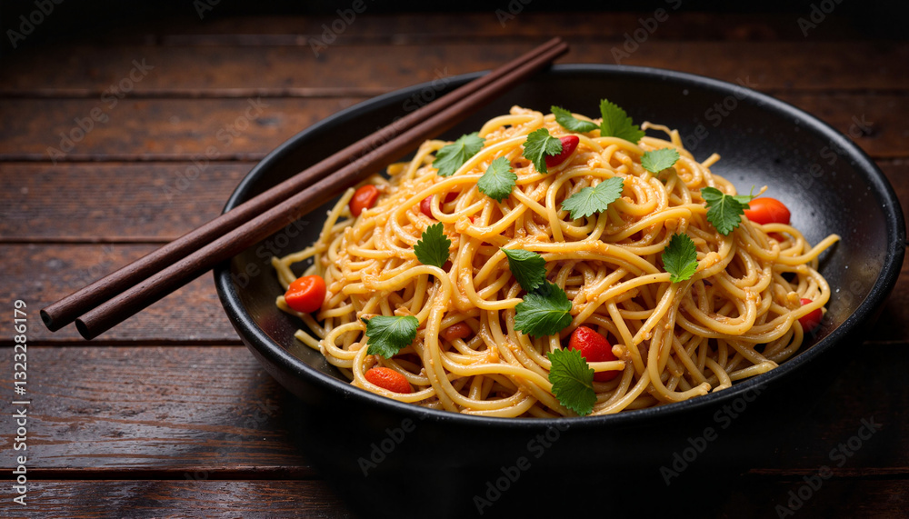 Spaghetti dish with herbs and cherry tomatoes on wooden table Spaghetti dish with herbs and cherry tomatoes on wooden table