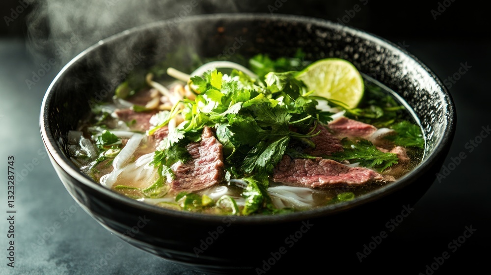 Aromatic Vietnamese Pho: Steaming Bowl of Noodle Soup with Fresh Ingredients Aromatic Vietnamese Pho: Steaming Bowl of Noodle Soup with Fresh Ingredients