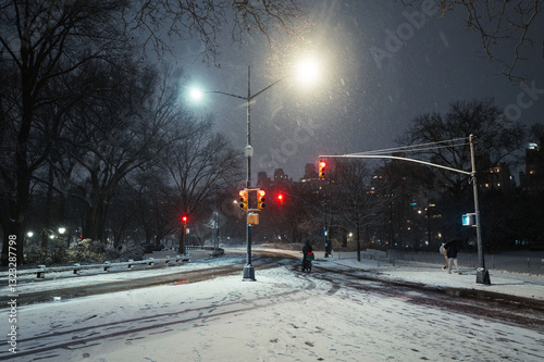 Snowy Night Intersection with Traffic Lights