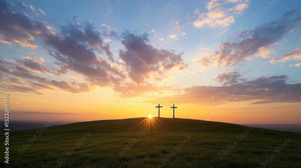 Majestic Crosses Outlined by a Fiery Sunset Warm Ambiance Three crosses silhouetted against a vibrant sky at dusk creating a serene and spiritual scene Majestic Crosses Outlined by a Fiery Sunset Warm Ambiance Three crosses silhouetted against a vibrant sky at dusk creating a serene and spiritual scene