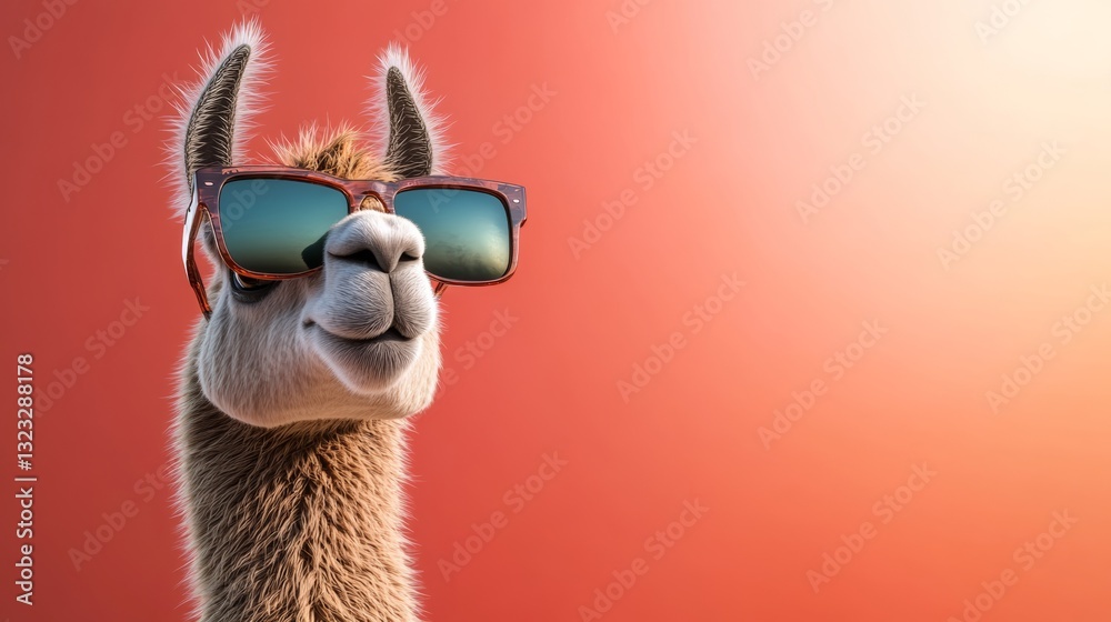 Fototapeta premium Camel wearing sunglasses and smiling. The image has a fun and lighthearted mood. The camel is the main focus of the image, and the sunglasses add a playful touch to the scene