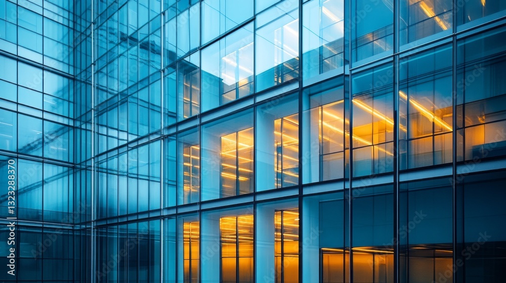 A striking urban glass building stands tall at twilight, with an interplay of warm light glowing from inside. The reflections create a mesmerizing blend of colors and shapes A striking urban glass building stands tall at twilight, with an interplay of warm light glowing from inside. The reflections create a mesmerizing blend of colors and shapes