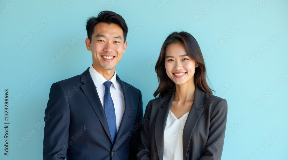 Confident Asian Business Professionals Smiling in Formal Attire Against a Light Blue Background Confident Asian Business Professionals Smiling in Formal Attire Against a Light Blue Background