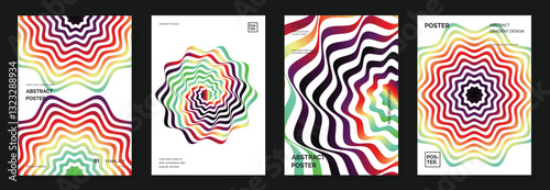 Abstract line wave poster background vector set. Minimalist cover template with vibrant perspective line wave in motion. Ideal design for social media, cover, banner, flyer, music, ads.