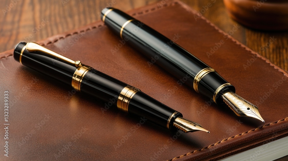 Two elegant fountain pens rest upon a leather notebook cover Two elegant fountain pens rest upon a leather notebook cover