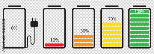 Set of vertical battery level indicators in percentage vector. Battery indicator symbols. 1176
