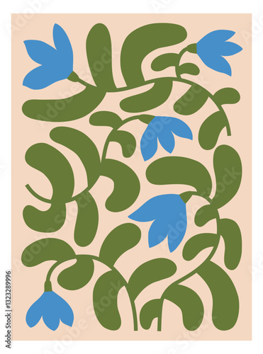 Abstract snowdrops in primitive style. Flower poster for wall art for home decoration. Hand drawn vector flat illustration.