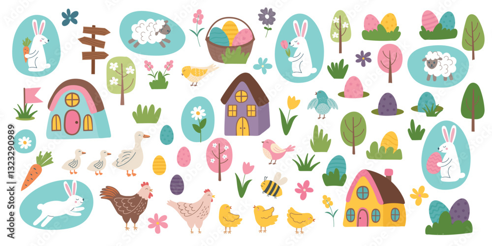 Set of Easter elements isolated on white background. Easter objects. Easter concept cliparts. Vector hand drawn illustration. Set of Easter elements isolated on white background. Easter objects. Easter concept cliparts. Vector hand drawn illustration.