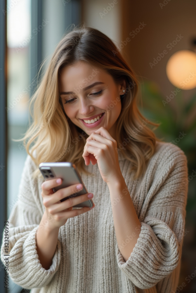 Smiling Young Woman in Cozy Sweater Using Smartphone in Warm Café – Digital Lifestyle, Social Media, and Online Communication Smiling Young Woman in Cozy Sweater Using Smartphone in Warm Café – Digital Lifestyle, Social Media, and Online Communication