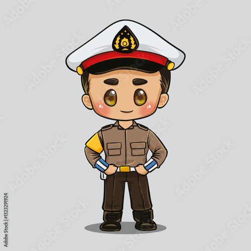 Handsome young indonesian police cartoon illustration in chibi style