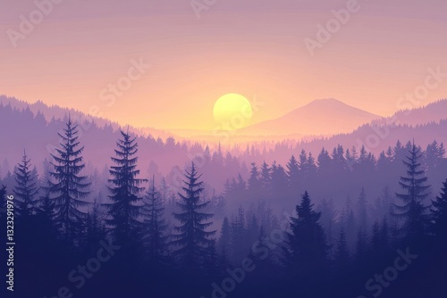 Ethereal gradient sunrise over a tranquil forest scene