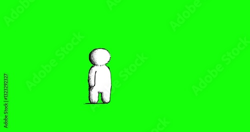 White and black doodle cartoon pixel male come and stop greenbox. Character stickman animation on green background good for business explainer. Seamless loop 4k video movie. 