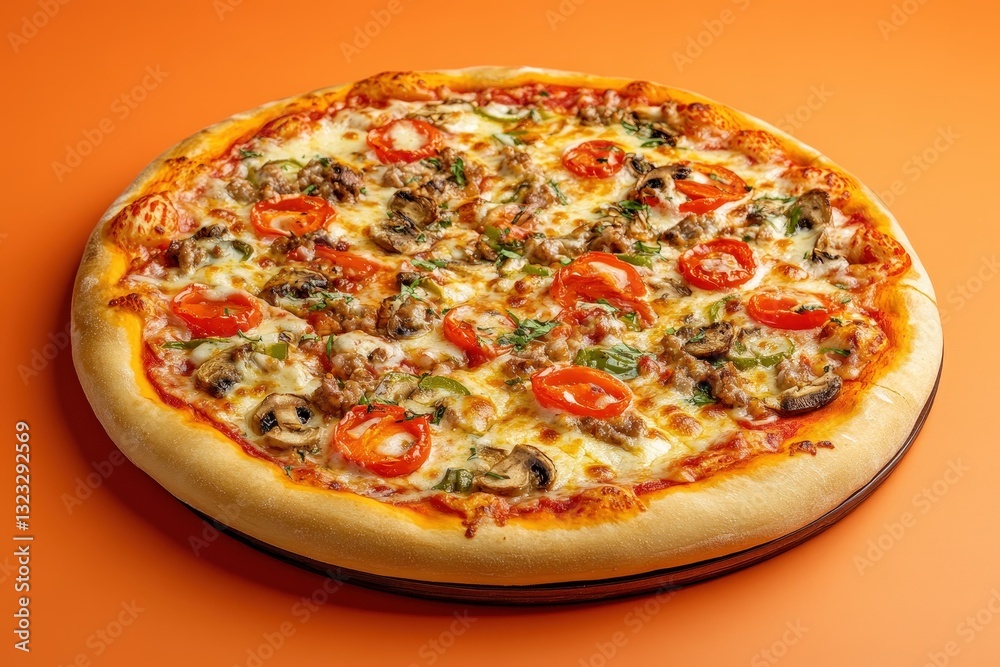 A Delicious And Appetizing Round Pizza With Various Toppings A Delicious And Appetizing Round Pizza With Various Toppings