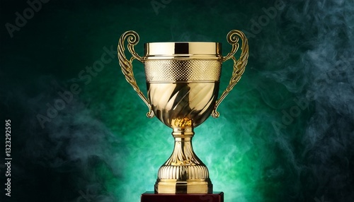 Golden champion trophy cup on dark smoke green background
