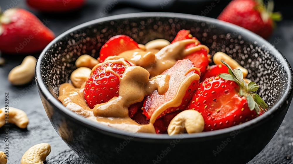 Fototapeta premium Close-up of a black bowl filled with a creamy dessert. the dessert appears to be made with strawberries, cashews, and a dollop of peanut butter.