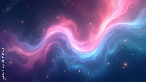 A vibrant cosmic aurora flowing with luminous pink, purple, and teal waves. Ethereal energy swirling in a galaxy-like nebula, surrounded by scattered glowing stars. The fabric of space and time bends 