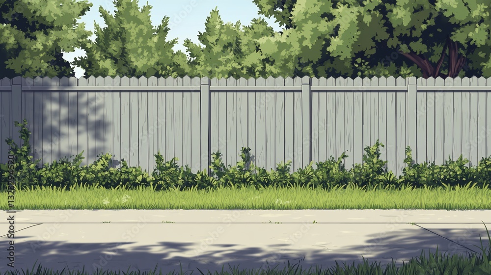 Suburban backyard scene with gray fence, green grass, and lush trees casting shadows on a sidewalk.