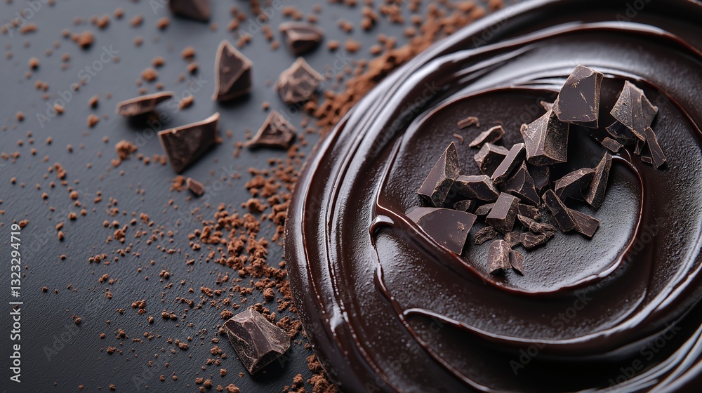 Close-up of a dark chocolate dessert. the dessert is in the shape of a circle and is covered in a thick layer of melted chocolate. Close-up of a dark chocolate dessert. the dessert is in the shape of a circle and is covered in a thick layer of melted chocolate.