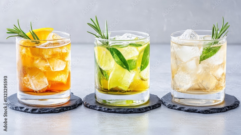 Refreshing cocktails with lime mint and ice in stylish glasses on a marble surface representing a mixology inspired summer drink concept Refreshing cocktails with lime mint and ice in stylish glasses on a marble surface representing a mixology inspired summer drink concept