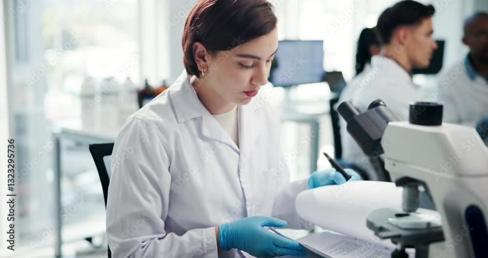 Science, lab and woman with microscope and notes for research, medical study and medicine discovery. Healthcare, pharmaceutical and scientist with equipment for vaccine, microbiology and experiment Science, lab and woman with microscope and notes for research, medical study and medicine discovery. Healthcare, pharmaceutical and scientist with equipment for vaccine, microbiology and experiment