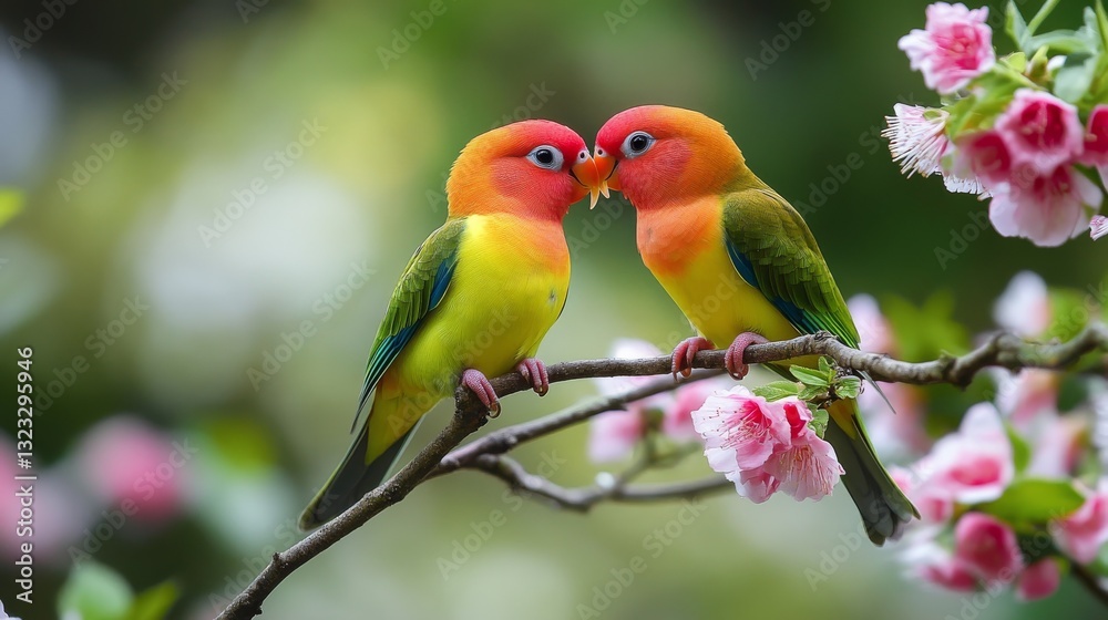 Colorful Love Birds in Spring Blossom