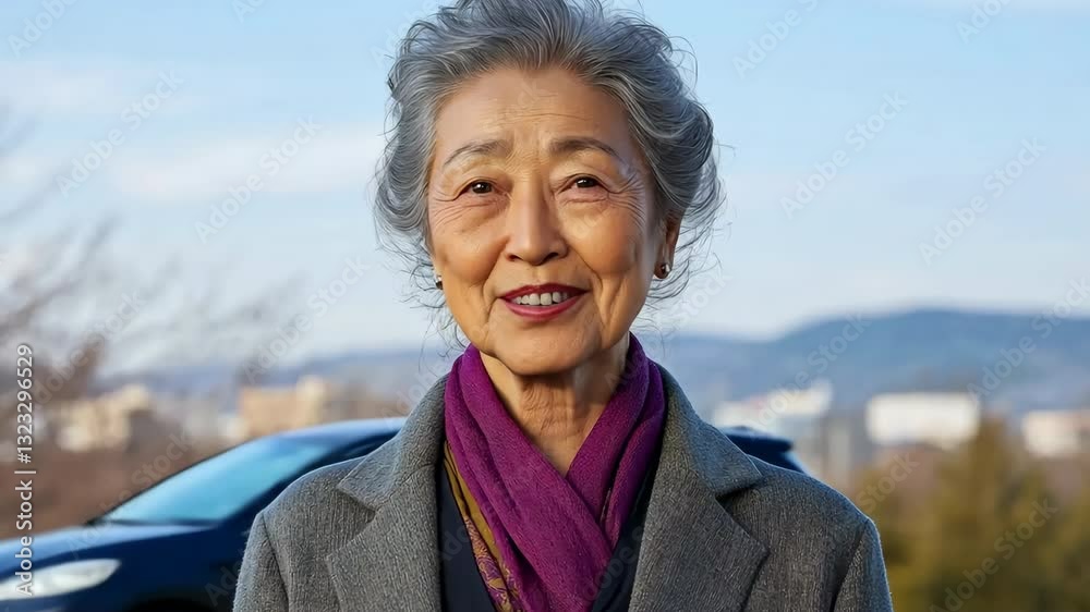 A woman with gray hair and a purple scarf is smiling A woman with gray hair and a purple scarf is smiling