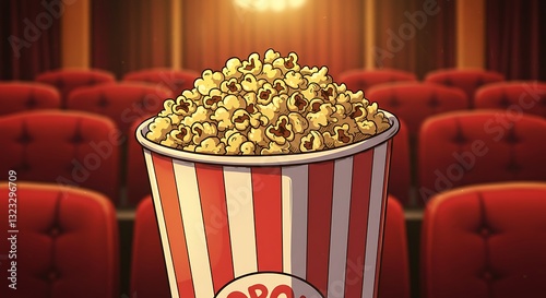 Popcorn Bucket in Empty Theater Ready for Movie Enjoyment