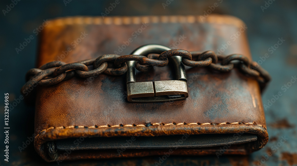 Fototapeta premium Locked wallet with chain and padlock, symbol of financial self-restraint and mindful spending 