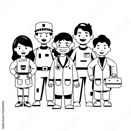 Children wearing different career costumes, glyph style illustration 
