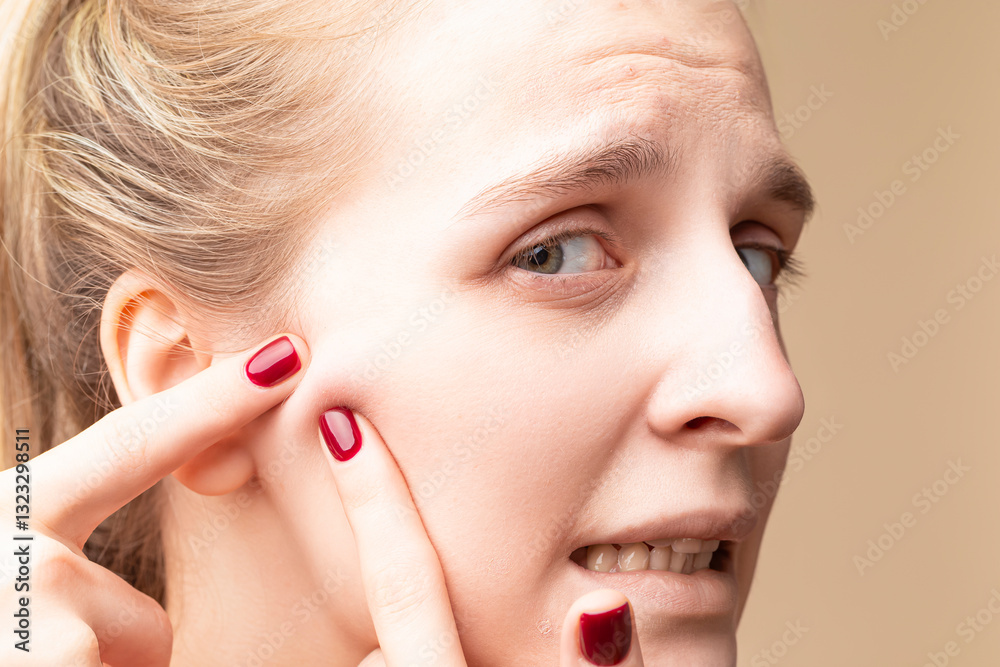 Closeup Portrait of Young Emotional Caucasian Blond Woman With Skin Problems Squeezing Pustules By Fingers On Beige. Closeup Portrait of Young Emotional Caucasian Blond Woman With Skin Problems Squeezing Pustules By Fingers On Beige.