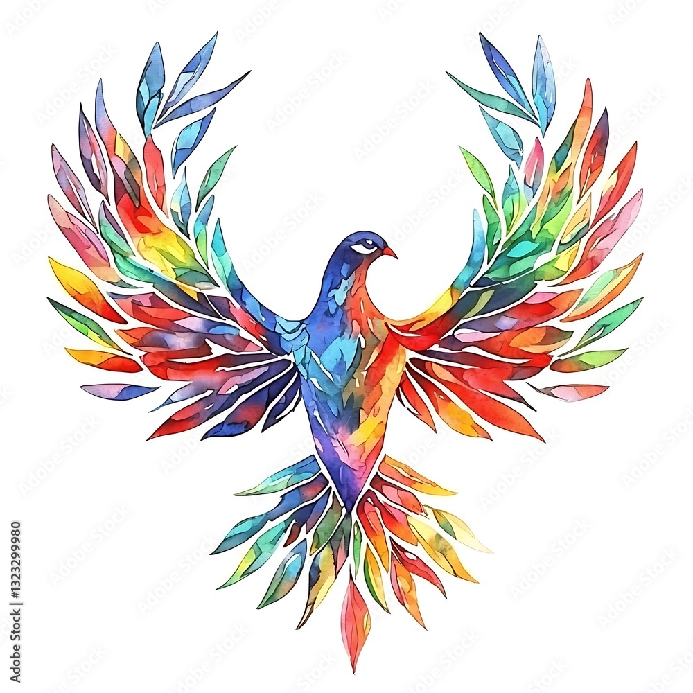 Obraz premium Colorful Artistic Bird with Floral Wings A vibrant illustration of a bird in flight, its wings adorned with colorful leaves.