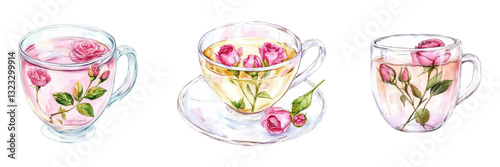 Watercolor cups with rose tea png. Transparent glass cups filled with pink rose tea and decorated with rose branches. Watercolor elegant drinks. Vector illustration.