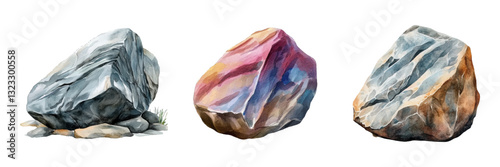 Watercolor set of stones png. Stones and rocks in cartoon style. Stones boulder, gravel rubble on transparent background. Cartoon rocks and stones. Vector illustration.