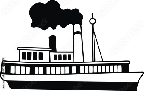 Black and white illustration of a vintage paddle steamer boat. Perfect for travel, nautical, or vintage designs. Steamboat Clipart: Black and White Vector Illustration