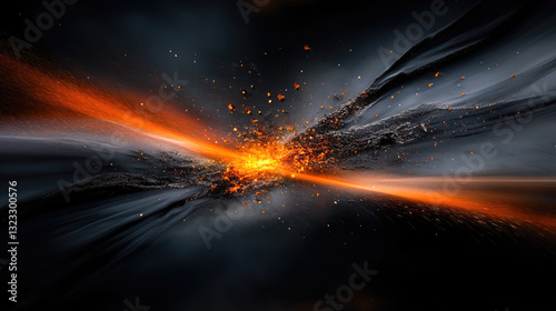 A vibrant, abstract explosion of orange and black, suggesting energy and movement through dynamic lines and particles.