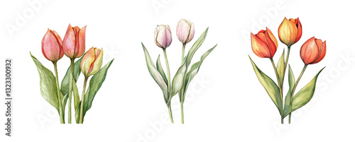 Watercolor tulips set png. Watercolor vintage tulips in red and pink with green leaves. Spring flowers concept. Retro tulips. Vector illustration.