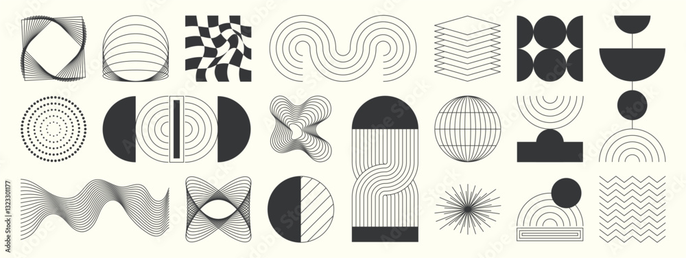 Abstract minimal element mid century vector set. Aesthetic contemporary stripe line art, geometric shape in monochrome. Art form design for wall art, decoration, wallpaper.