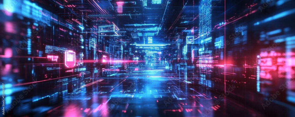 A futuristic search engine algorithm interface glowing in vibrant neon colors against a dark background. A futuristic search engine algorithm interface glowing in vibrant neon colors against a dark background.