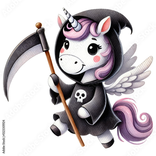 Halloween unicorn concept. A cute unicorn dressed as a grim reaper, complete with a scythe and wings, blends a whimsical character with a spooky theme.