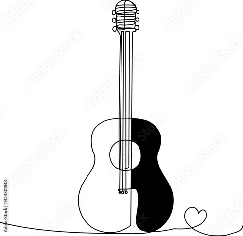 One Line Drawing of Acoustic Guitar with Heart