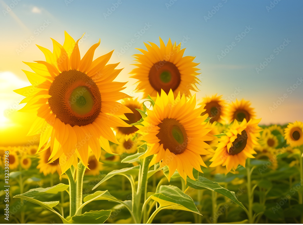 Naklejka premium sunflower field with blue sky
