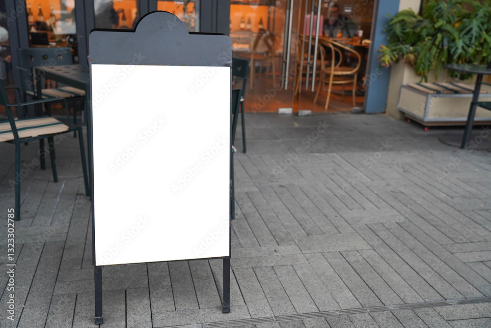 Signboard on the street. Angled empty menu board stand. Restaurant sidewalk white sign board. Freestanding A-frame advertising board near outdoor cafe.