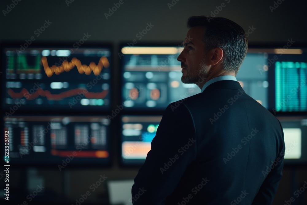 A male financial advisor wearing a dark suit stands confidently in a contemporary office. He examines data on various financial dashboards, showcasing his expertise and analytical skills A male financial advisor wearing a dark suit stands confidently in a contemporary office. He examines data on various financial dashboards, showcasing his expertise and analytical skills
