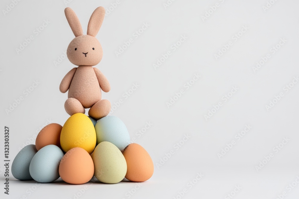 Obraz premium Soft plush bunny toy stacked atop colorful Easter eggs against a neutral backdrop symbolizing childhood nostalgia minimalism and seasonal festivity in a playful pastel setting