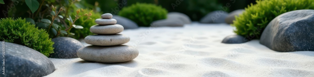 Raked white sand, carefully placed stones form a serene Zen garden , calm, design Raked white sand, carefully placed stones form a serene Zen garden , calm, design
