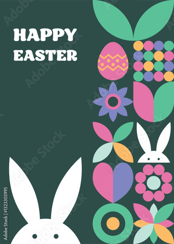 Easter bunny, egg and flower background. Geometric greeting card with cartoon elements. Vector illustration