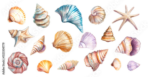 Watercolor set of sea shells. Various sea and ocean shells. Beach elements. Sea mollusk elements. Sea and ocean elements concept. Vector illustration.