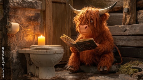 A charming and whimsical illustration of a Highland cow reading a book in a cozy setting, highlighting a playful mix of humor and imagination in art.
